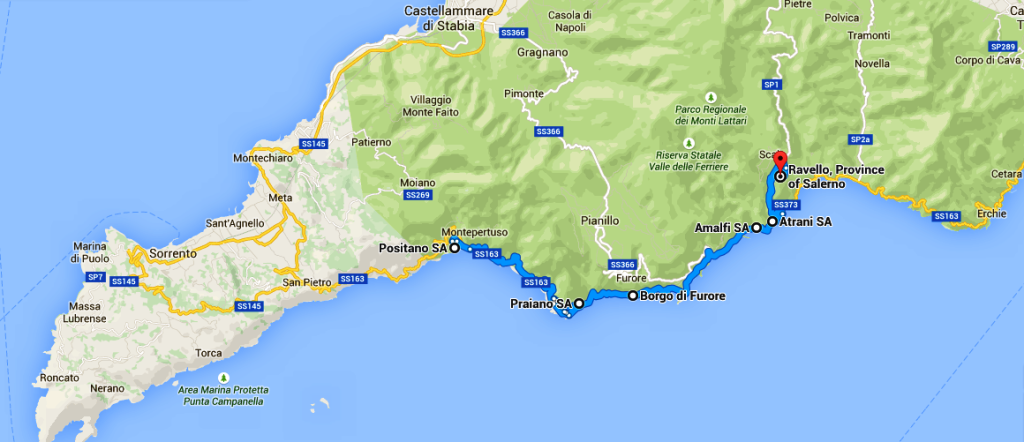 Map of Amalfi Coast, Italy, road highlighted in blue, from Ravello to Positano