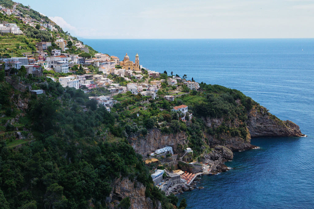 Praiano, Amalfi Coast, Italy, view of the town from above, cliffs and coast line
