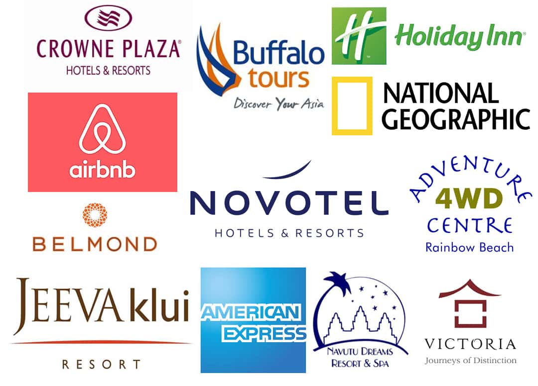 Logos of various hotels, resort groups, national geographic, airbnb, american express, novotel, holiday inn, and more