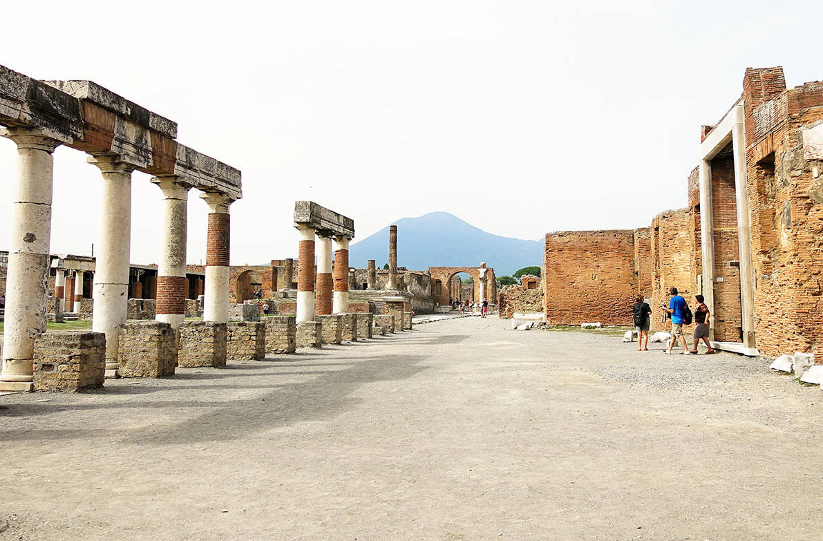 Pompeii Italy, ancient forum, few tourists walking around