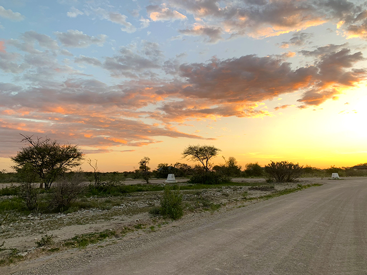 Sunset in Etosha National Park seen from the dirt road