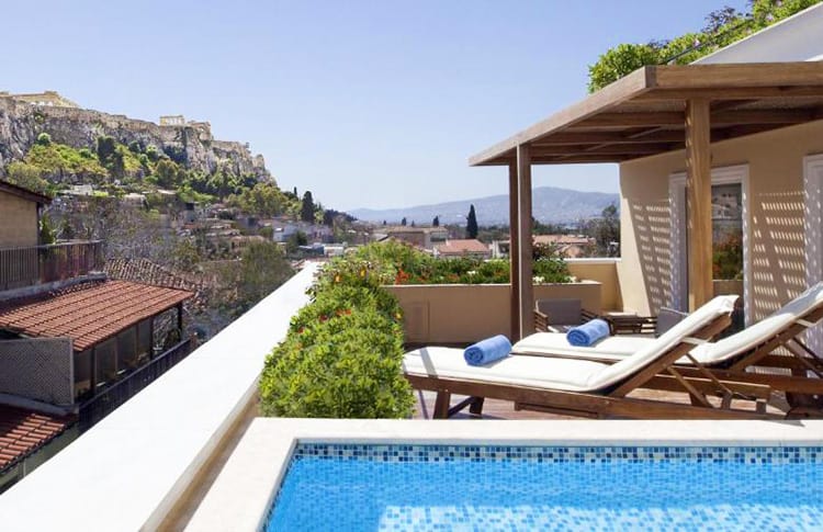 Electra Palace Athens, hotel rooftop pool view and sun loungers