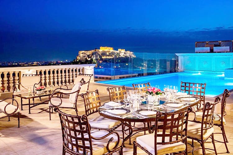 King George, a Luxury Collection Hotel, Athens, rooftop pool view to the Acropolis
